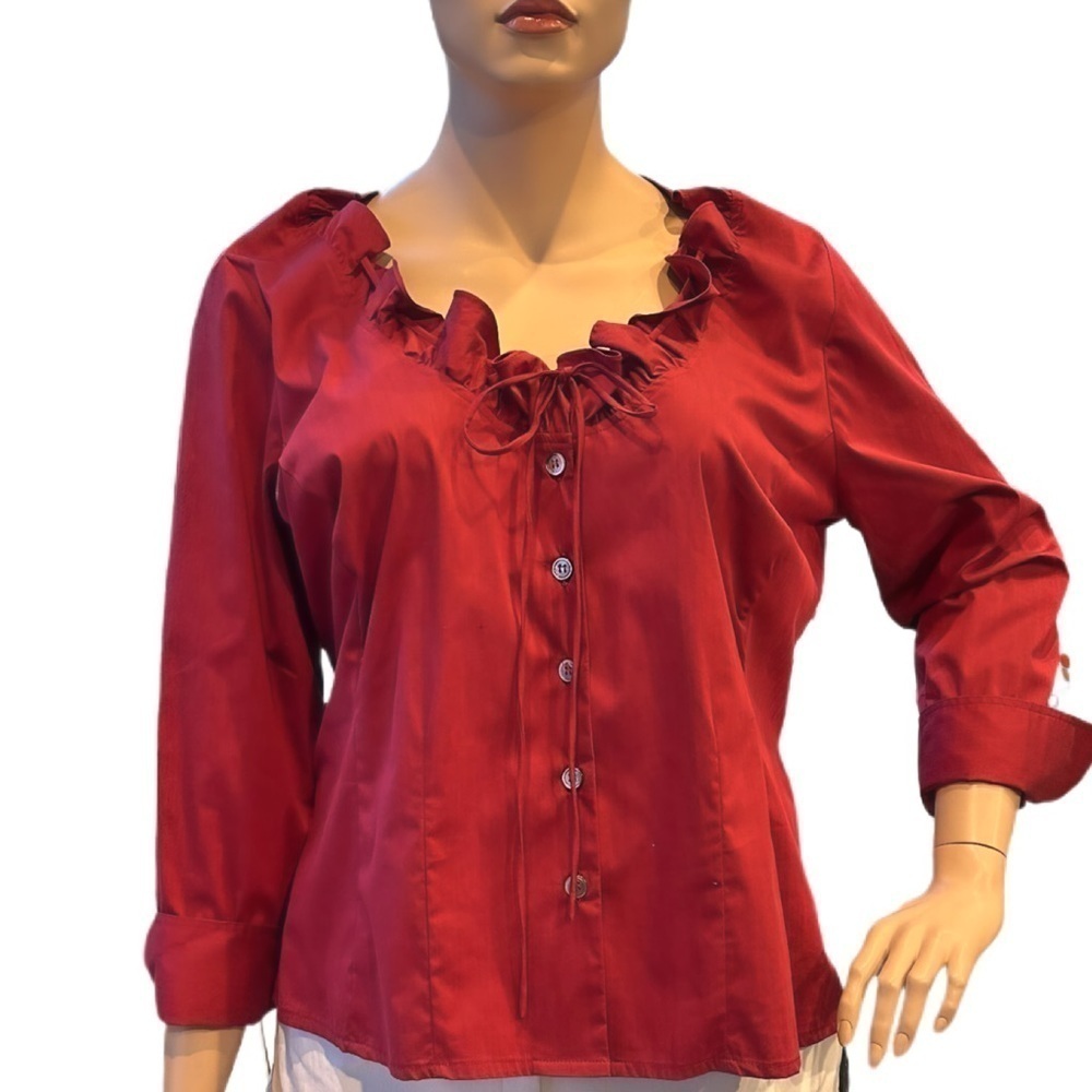 Igigi Aurelia Blouse Plus Size 22 Red Ruffled Neck Turn-Up Cuffs Button Up NWT